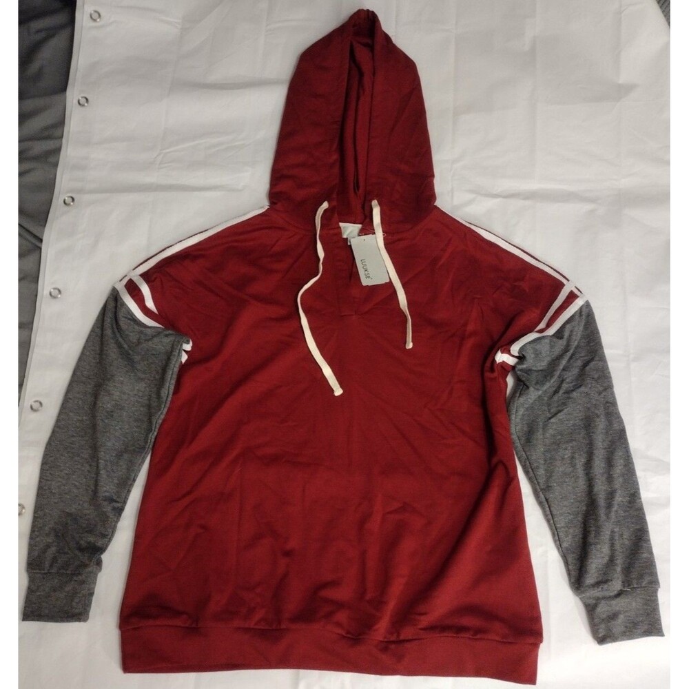 NEW Sz S LS Pullover V Neck Drawstring Red Gray White Hoodie Athleisure Sporty